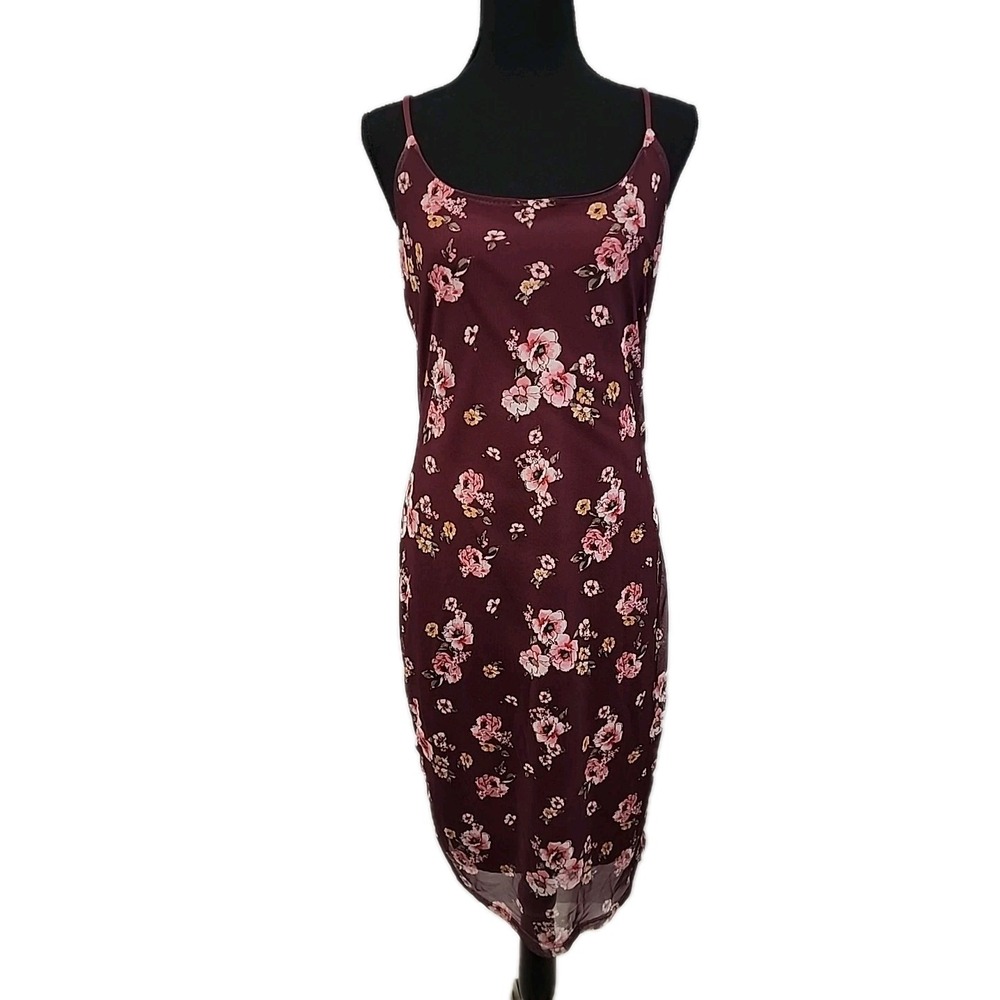 Rue 21 Y2K Summer Midi Dress L Mesh Overlay Burgundy Peasant Cottage Prairie